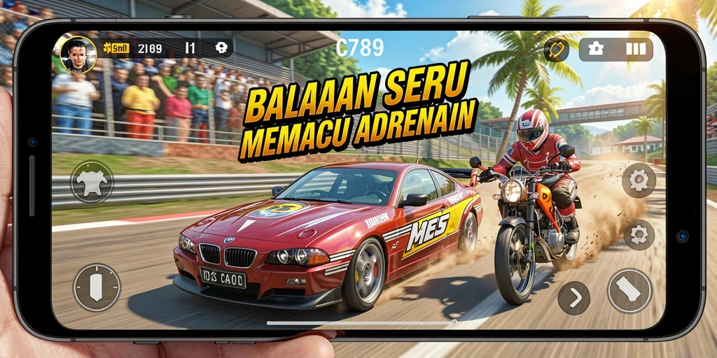 Screenshot gameplay C789 menampilkan balapan seru dan mobil yang cepat.