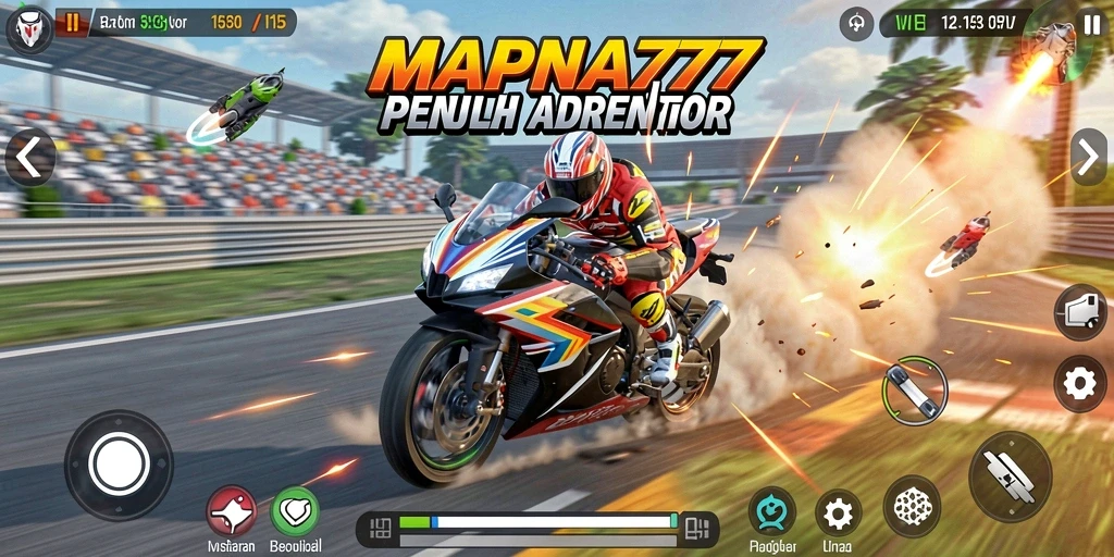 Tampilan gameplay seru dalam MAPNA777 saat balapan motor.