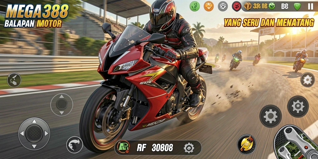 Tampilan gameplay balapan motor yang mengesankan dan penuh aksi.