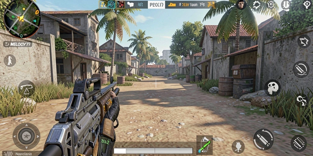Screenshot gameplay MELODY77 menampilkan pertempuran seru di arena.