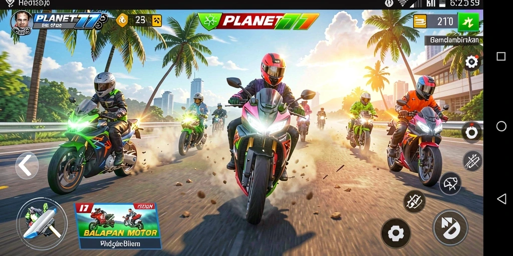 Tampilan kondisi balapan di PLANET77 dengan motor yang cepat dan trek menantang.