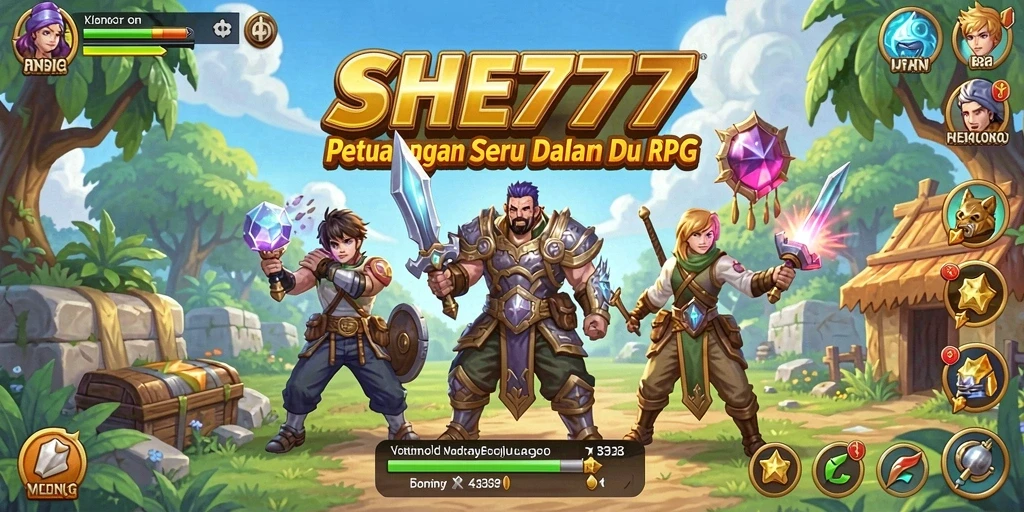 Screenshot utama SHE777 menampilkan pertempuran epik dalam dunia RPG.