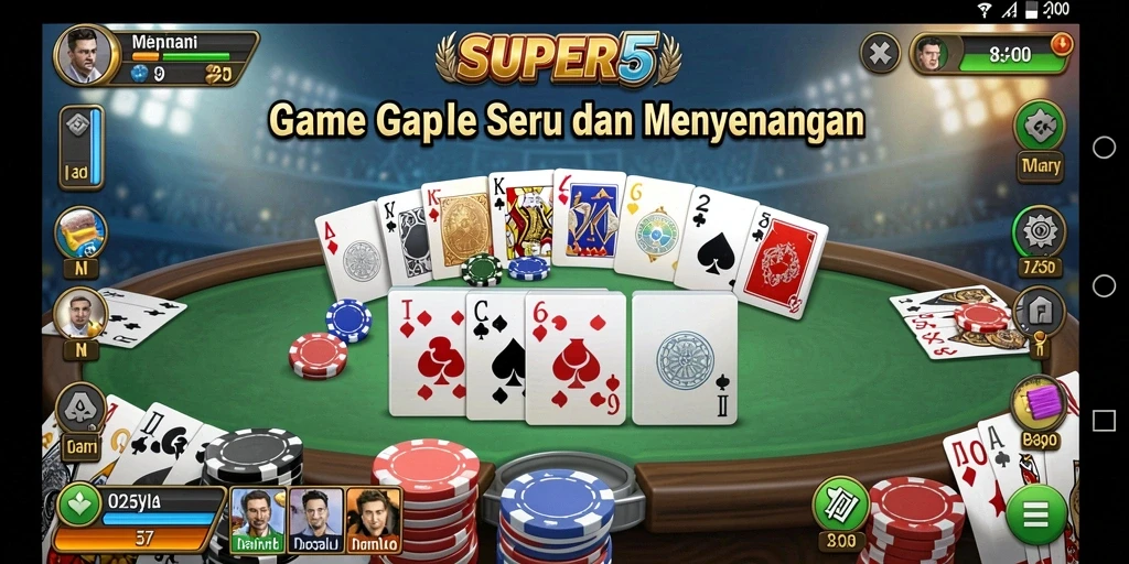 Screenshot utama SUPER5 menampilkan gameplay Gaple yang seru dan interaktif.
